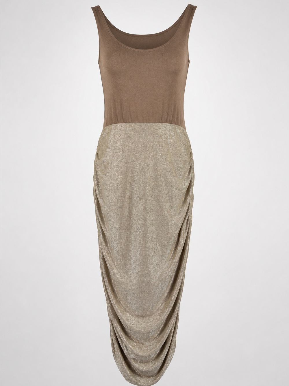 Sleeveless Taupe and Metallic Gold Maxi Dress NWT